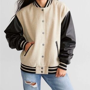 Iris Black and Cream Varsity Bomber Jacket